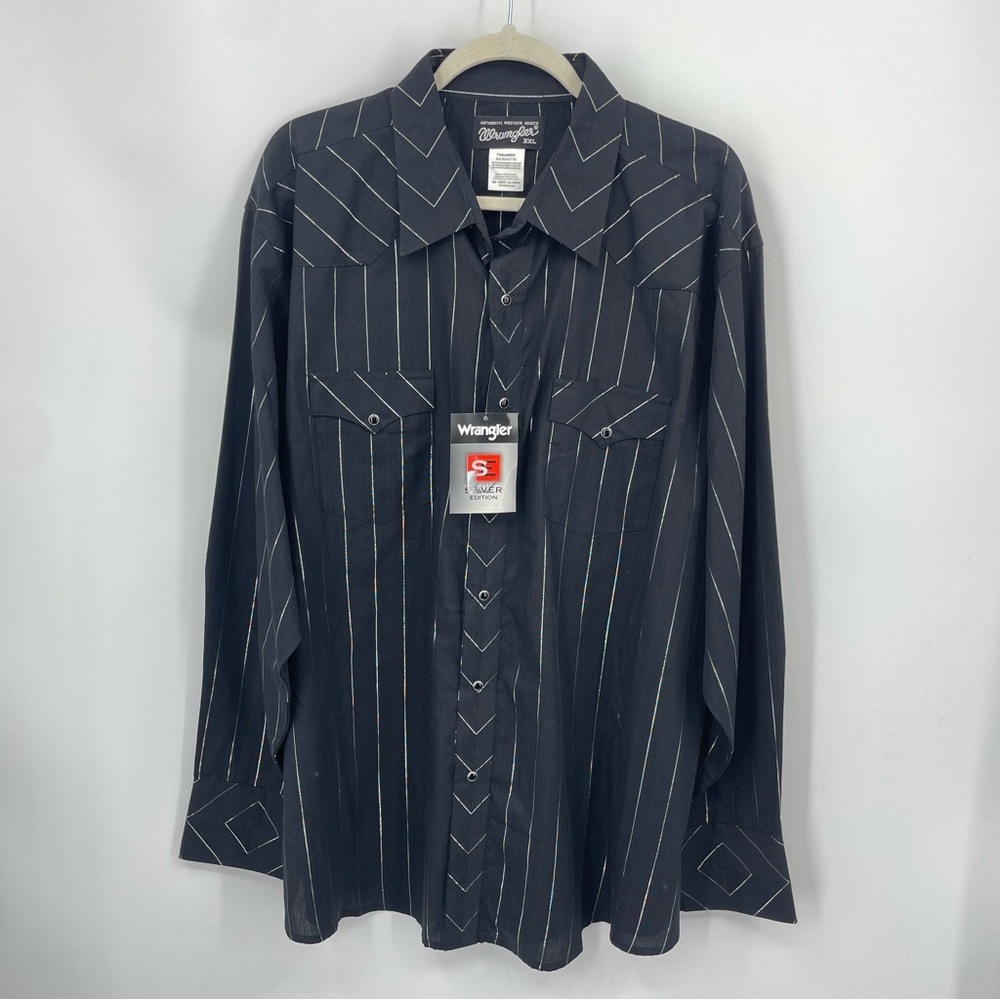 NWT Wrangler Pearl Snap Black silver striped shirt Sz XXL